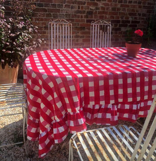 SAMPLE - GINGHAM FRILL TABLECLOTH - RED/PINK (DAMAGED)