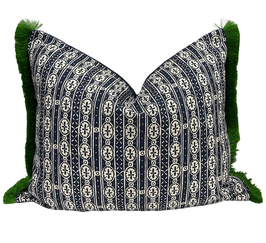 ANNA SPIRO NAVY PATTERNED CUSHION WITH EMERALD FRINGE TRIM