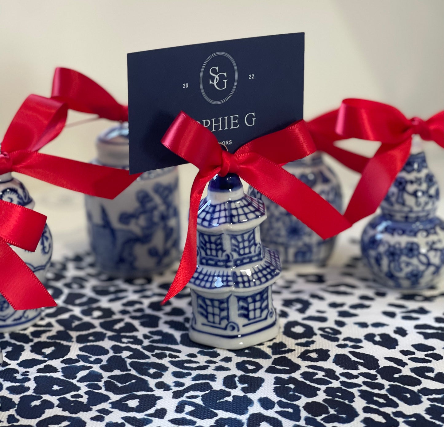 BLUE & WHITE CHINOISERIE HAND-PAINTED ORNAMENT/PLACE CARD HOLDER (SET OF 6)